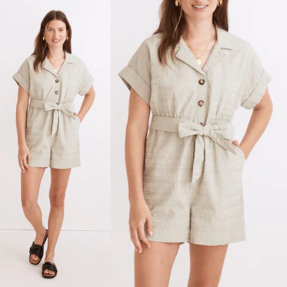 Madewell Seersucker Camp Romper Ashen Sage Green Belted Collared Small $125